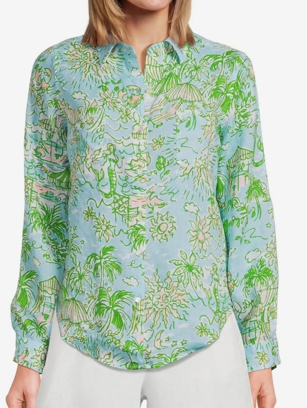 Lilly Pulitzer Sea View Linen Shirt in Fresh Water Blue Sunbathers Bliss Size M